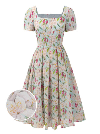 Blue 1950s Square Collar Floral Dress: timeless style reimagined