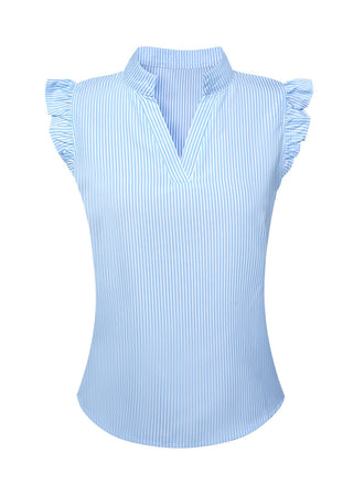 Blue 1950s Stand Collar Ruffle Sleeve Striped Blouse, vintage top, retro blouse - perfect for women who love vintage and retro fashion