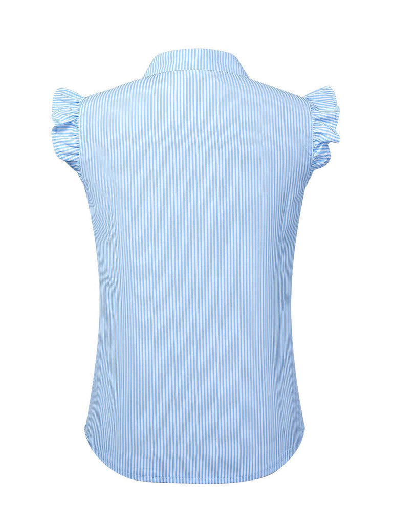 Blue 1950s Stand Collar Ruffle Sleeve Striped Blouse, vintage top, retro blouse - perfect for women who love vintage and retro fashion