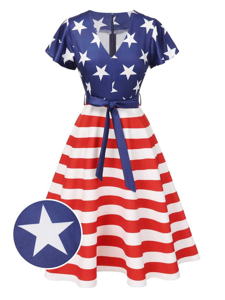 Blue 1950s Star Stripe V-Neck Patchwork Dress Blue 1950s Star Stripe V-Neck Patchwork Dress