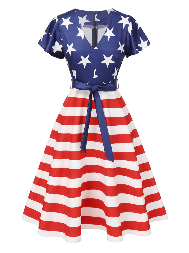 retro clothing dresses American Flag Dress V-Neck Stars & Stripes 4th of July Dress for Women LACE APPLIQUE PARTY DRESS prom dresses springfield il Knee Length Package Content Size:16–16.5 Neck – 36/37 Sleeve