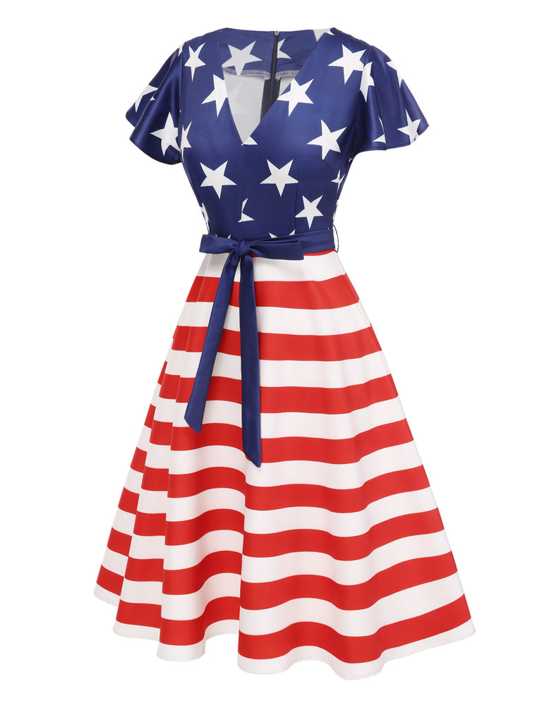 Blue 1950s Star Stripe V-Neck Patchwork Dress Blue 1950s Star Stripe V-Neck Patchwork Dress