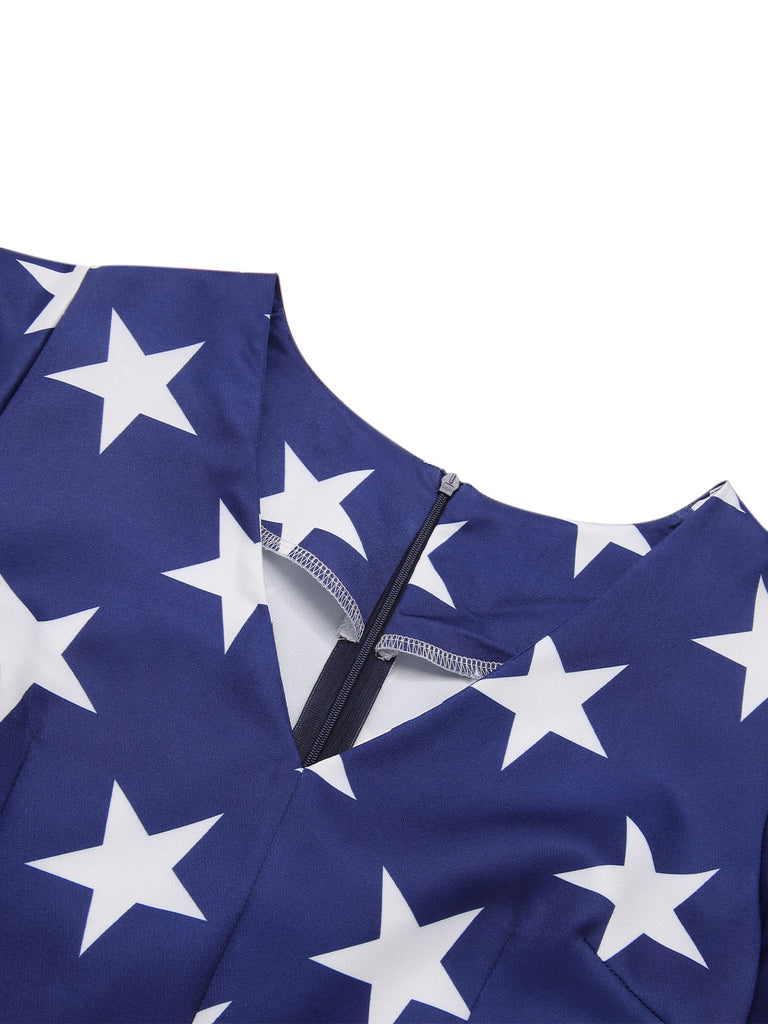 She slips into this Blue 1950s Star Stripe V-Neck Patchwork Dress and suddenly it's a 1950s daydream