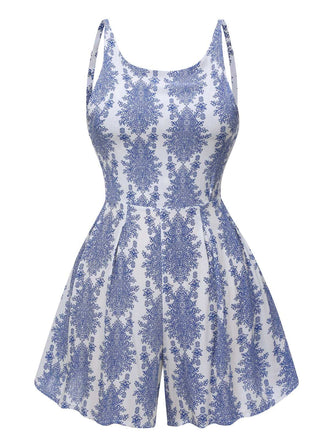 She finds her 1950s story in this Blue 1950s Strap Print Backless Romper