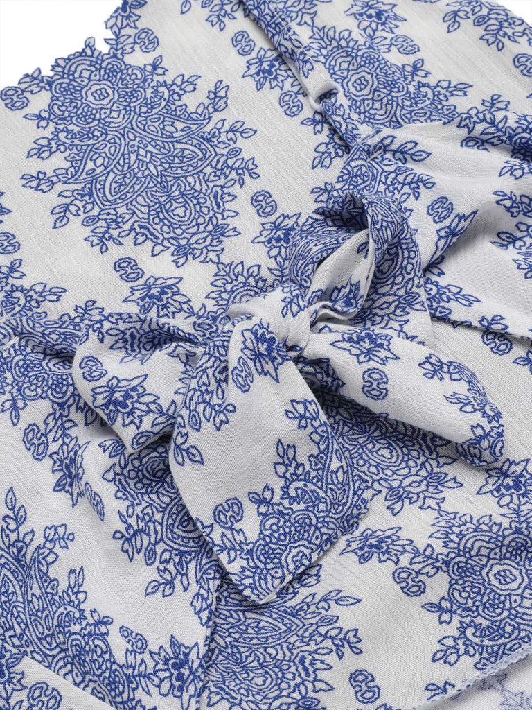 Blue 1950s Strap Print Backless Romper — 1950s style that transcends decades