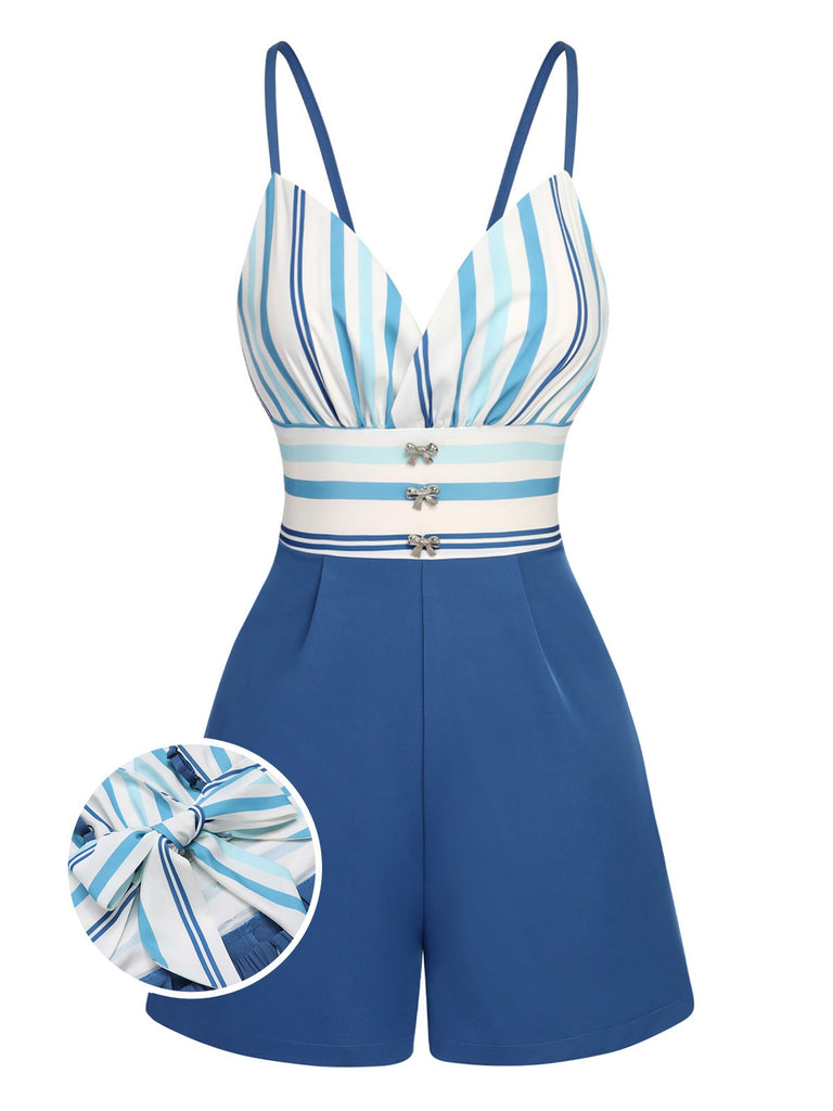 She finds her 1950s story in this Blue 1950s Stripe Back Strap Romper