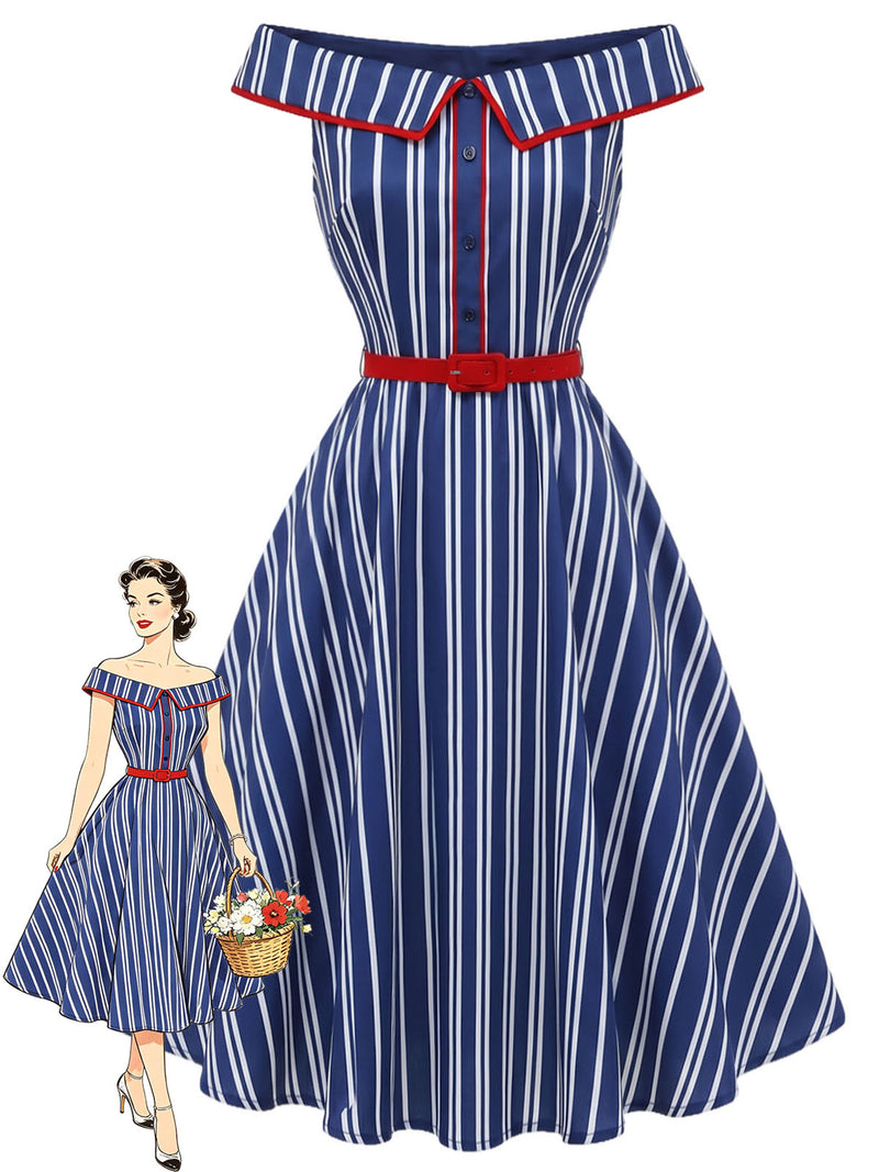Pre-Sale] Blue 1950s Striped Off Shoulder Swing Dress