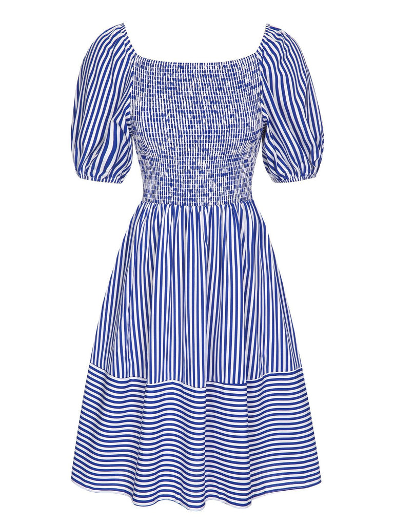 Blue 1950s Striped Raglan Square Neck Smocked Dress, vintage dress, retro fashion, rockabilly, pin-up fashion - perfect for women who love vintage and retro fashion