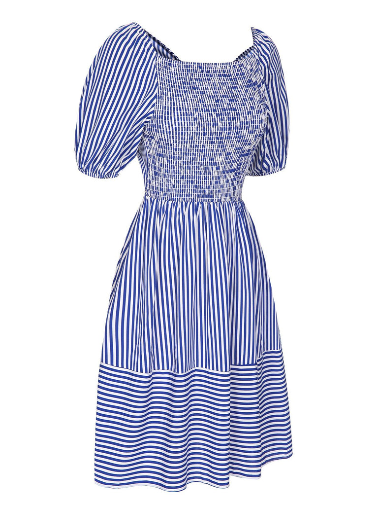 Blue 1950s Striped Raglan Square Neck Smocked Dress, vintage dress, retro fashion, rockabilly, pin-up fashion - perfect for women who love vintage and retro fashion