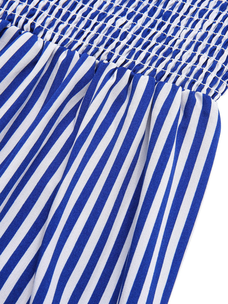 Blue 1950s Striped Raglan Square Neck Smocked Dress, vintage dress, retro fashion, rockabilly, pin-up fashion - perfect for women who love vintage and retro fashion