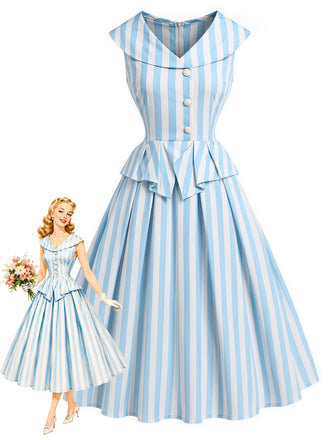 Blue 1950s Striped Shawl Collar Faux Two Piece Dress, vintage dress, retro fashion, rockabilly, pin-up fashion - vintage inspired fashion
