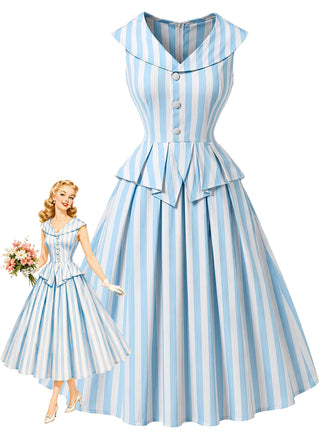 [Pre-Sale] Light Blue 1940s V Neck Striped Bow Dress