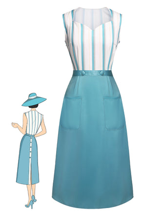 Blue 1950s Stripes Patchwork Pocketed Dress: timeless style reimagined