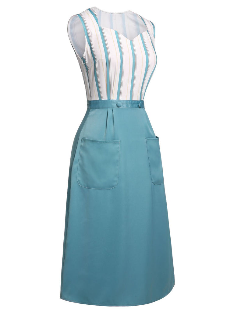 Blue 1950s Stripes Patchwork Pocketed Dress: timeless style reimagined