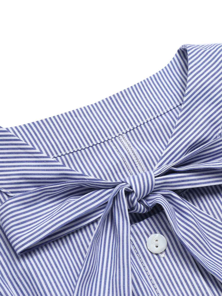 Blue 1950s Tie Neck Stripes Blouse: a 1950s classic that whispers rather than shouts