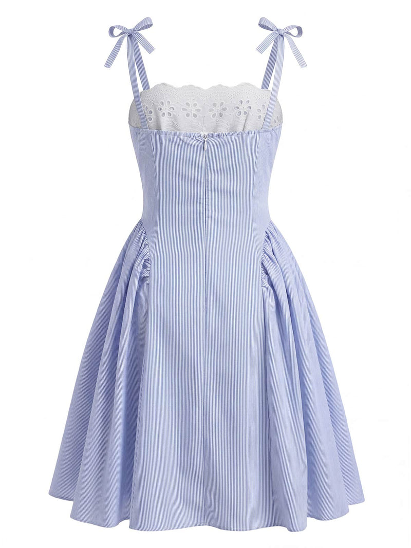 Pre-Sale] Blue 1950s Vertical Stripe Lace Drop Waist Dress | Retro Stage