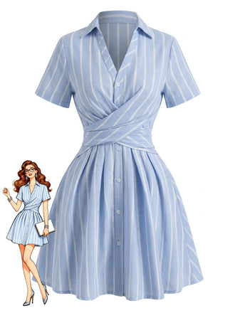 Blue 1950s Vertical Striped Johnny Collar Criss-Cross Dress - vintage dress, retro fashion, elegant style for vintage lovers