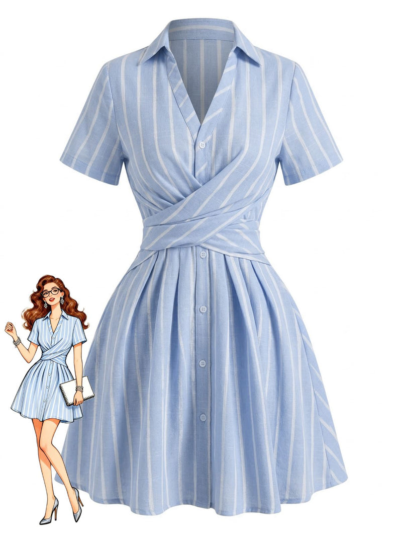 Blue 1950s Vertical Striped Johnny Collar Criss-Cross Dress