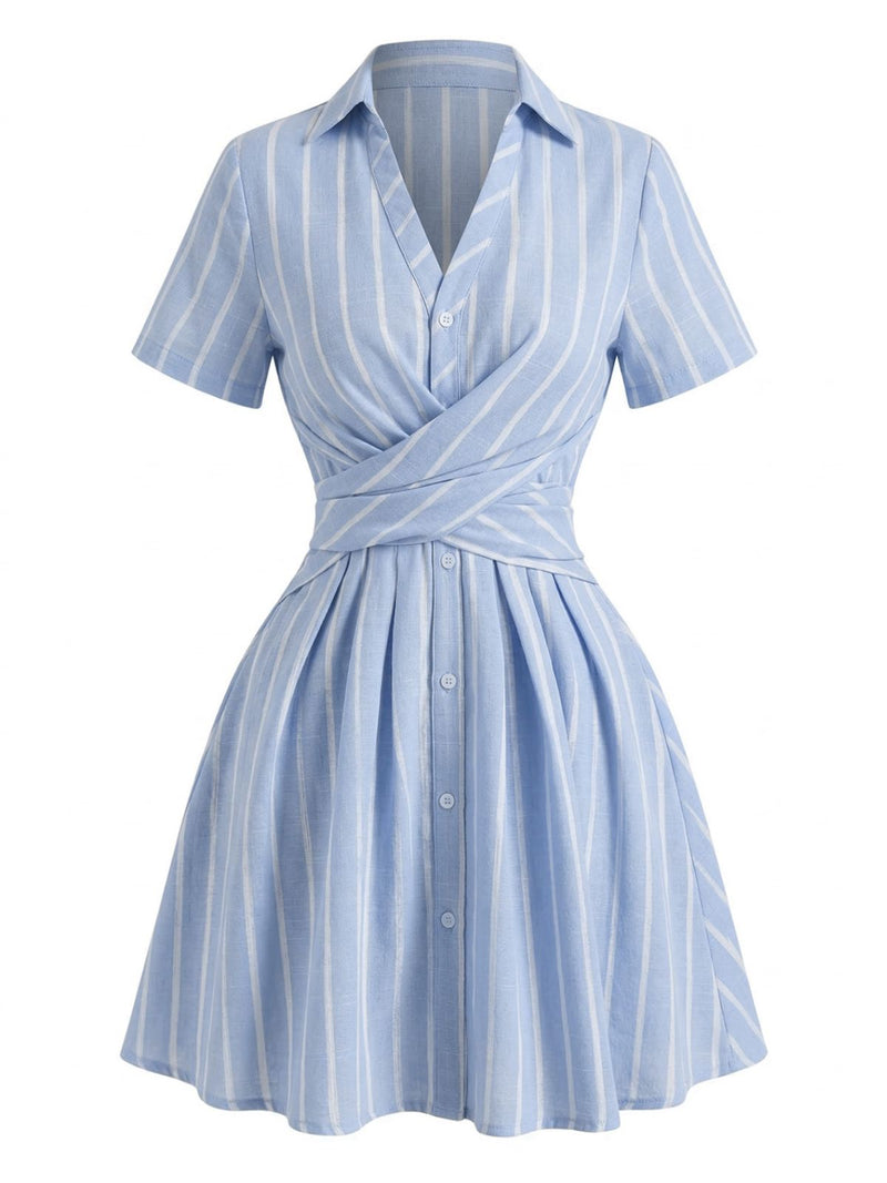 Blue 1950s Vertical Striped Johnny Collar Criss-Cross Dress