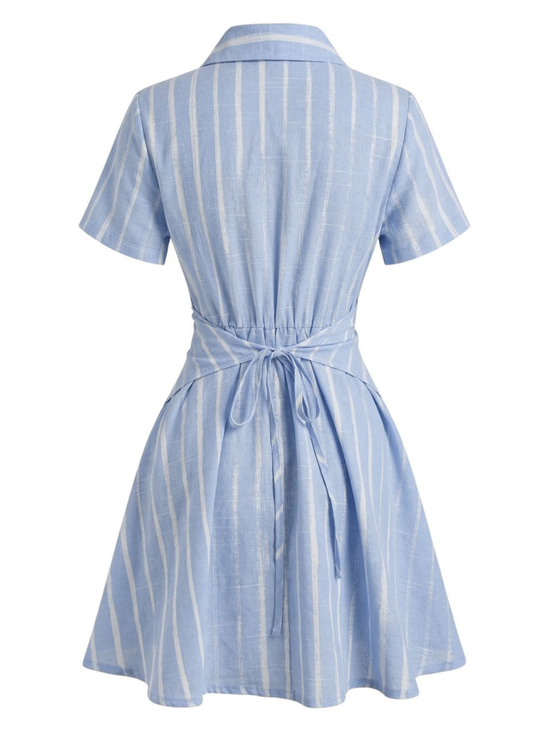Blue 1950s Vertical Striped Johnny Collar Criss-Cross Dress