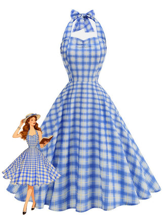 Vintage 1950s plaid halter dress with sweetheart neckline modeled for retro pin-up styling and swing dance events