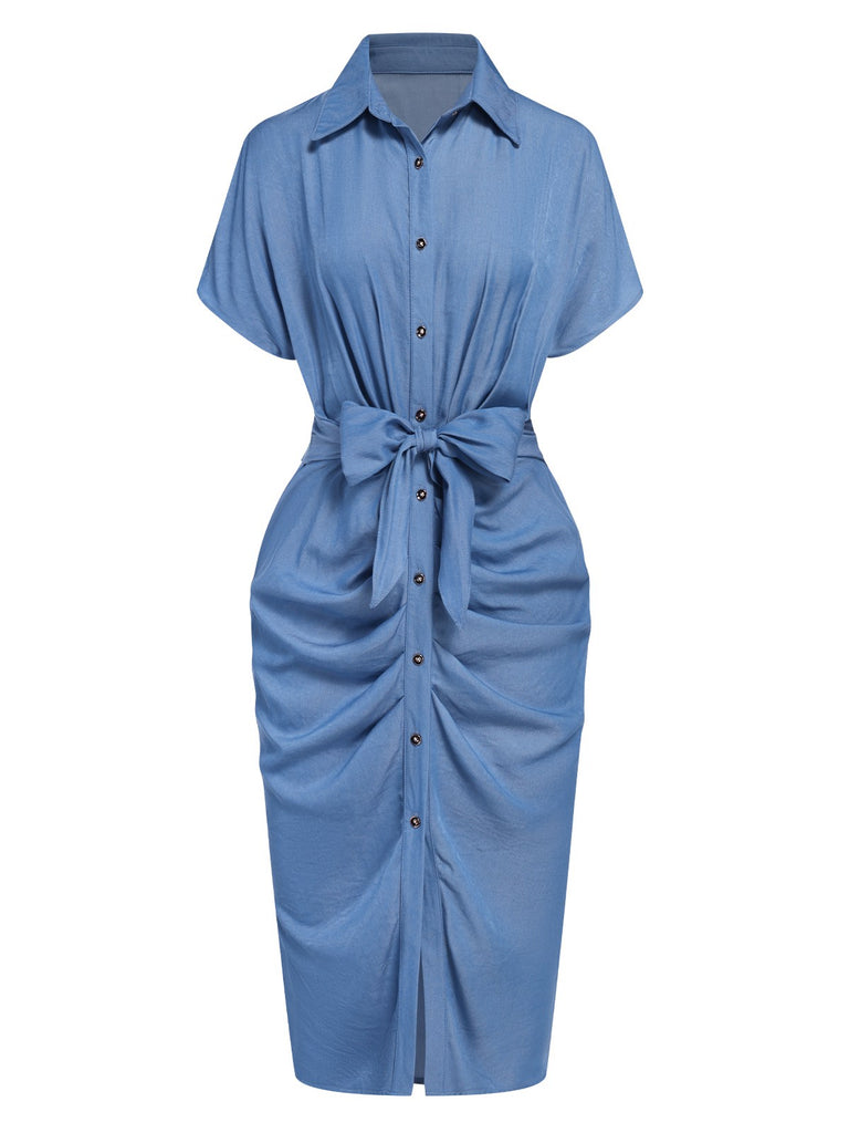 She slips into this Blue 1960s Batwing Tencel Denim Shirt Dress and suddenly it's a 1960s daydream