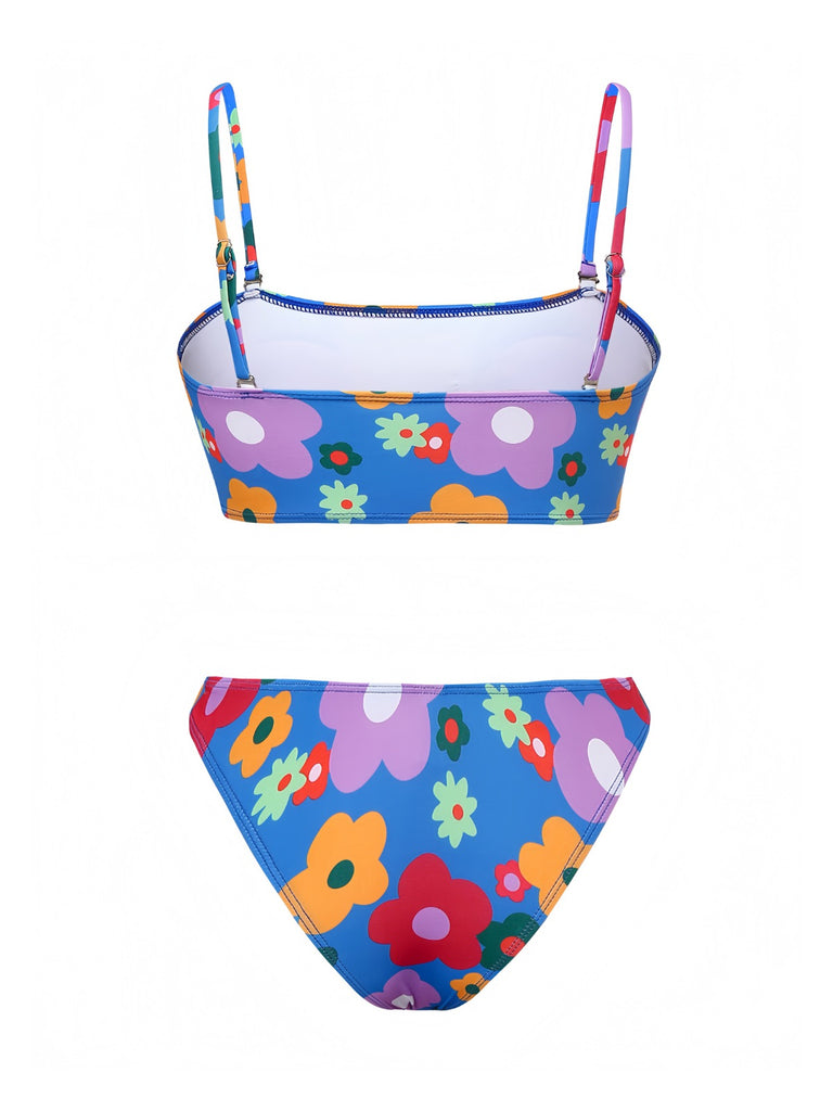 Blue 1960s Cartoon Floral Spaghetti Straps Swimsuit: 1960s Riviera elegance, reimagined for her