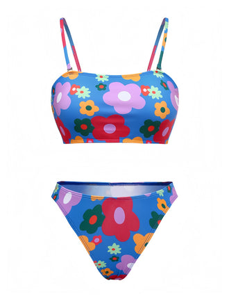 She's wearing Blue 1960s Cartoon Floral Spaghetti Straps Swimsuit and the whole beach remembers the 1960s