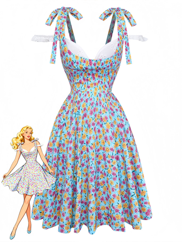 Blue 1960s Daisy Floral V-Neck Slit Short Dress Blue 1960s Daisy Floral V-Neck Slit Short Dress