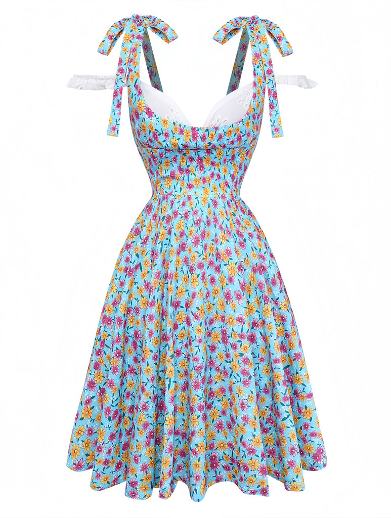 open lace back dress Blue 1960s Daisy Floral V-Neck Slit Short Dress