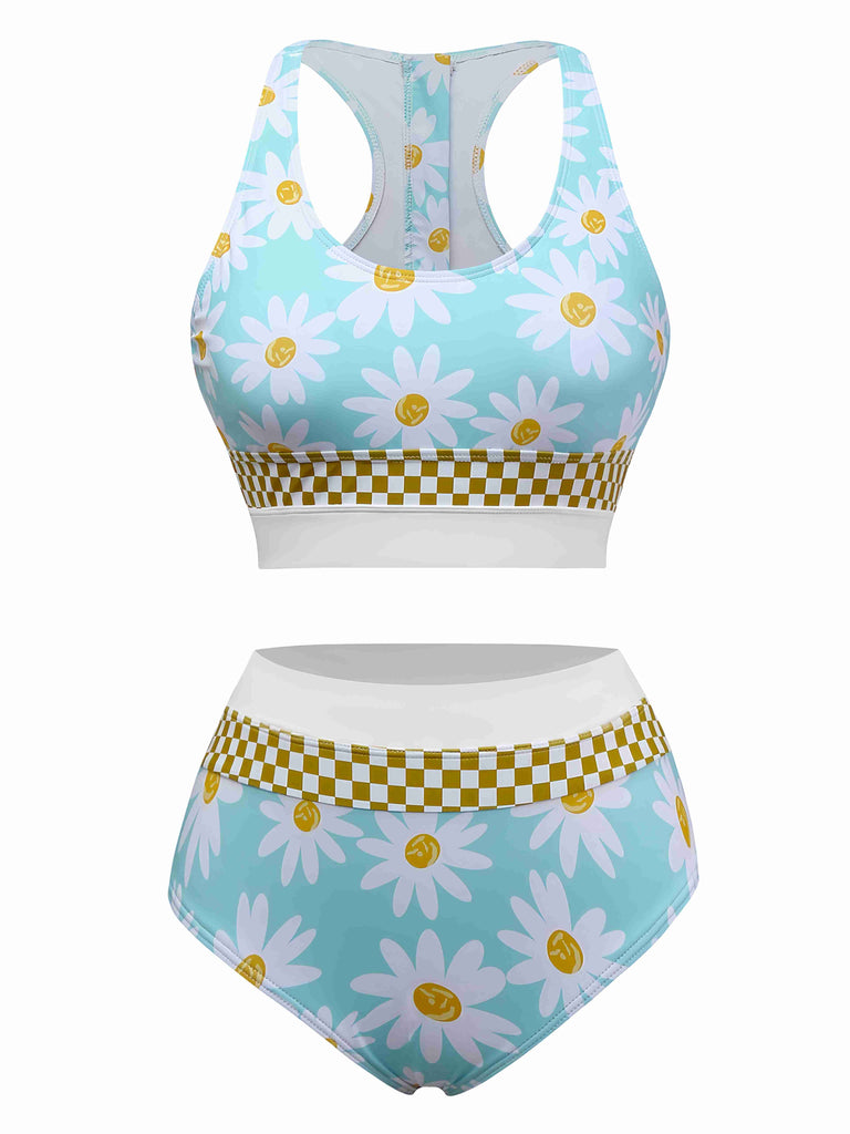 Blue 1960s Daisy Print Check Tankini Set - vintage fashion, retro style