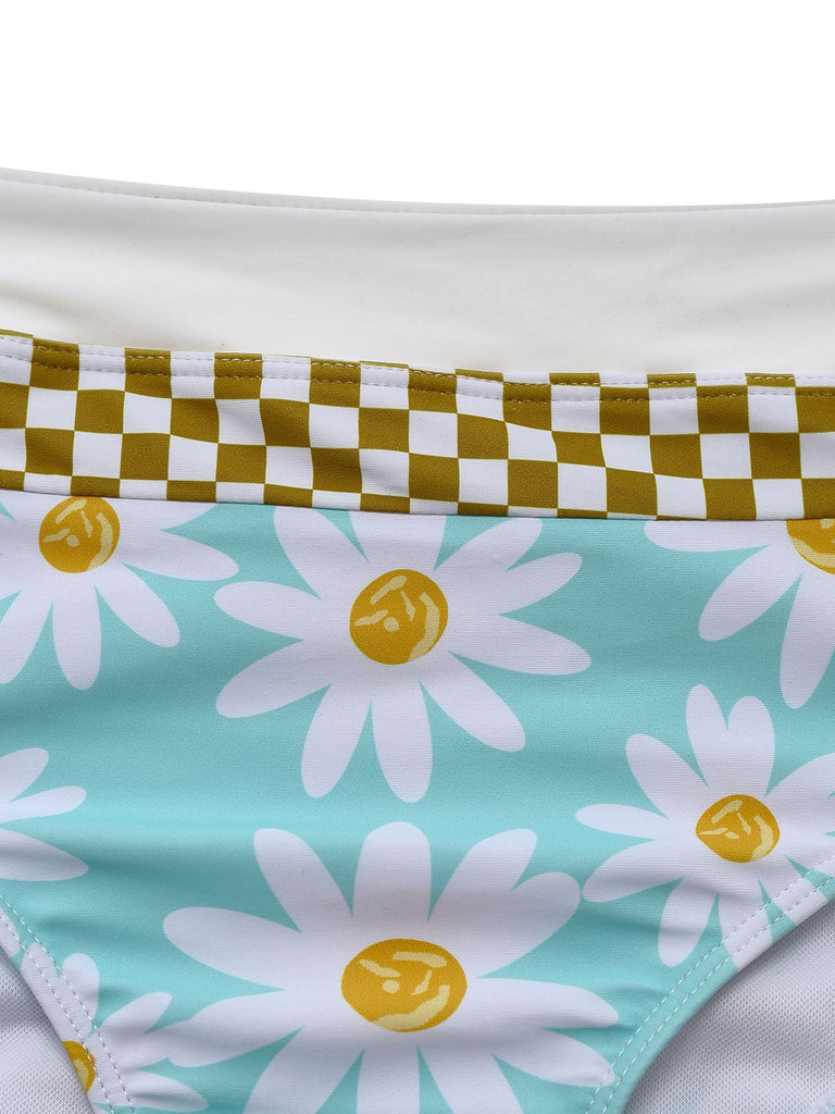 Blue 1960s Daisy Print Check Tankini Set - vintage fashion, retro style