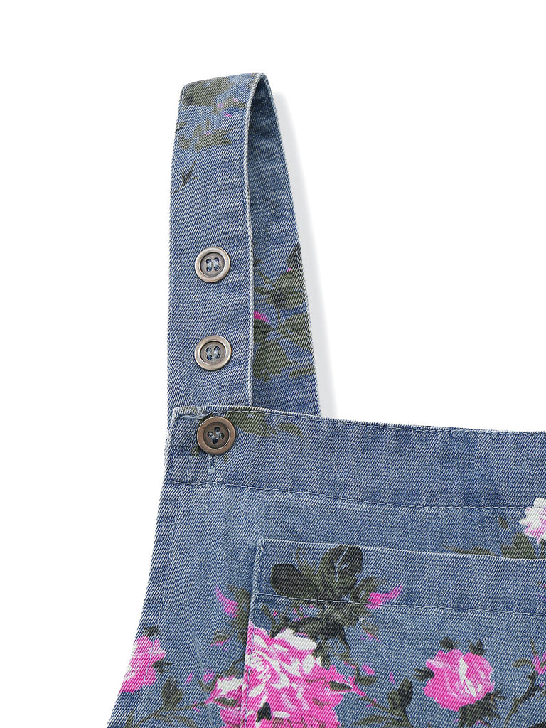 Blue 1960s Denim Floral Pocket Wide Strap Romper: beautiful vintage romper, retro jumpsuit, playful style with timeless appeal