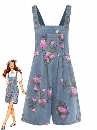 She finds her 1960s story in this Blue 1960s Denim Floral Pocket Wide Strap Romper