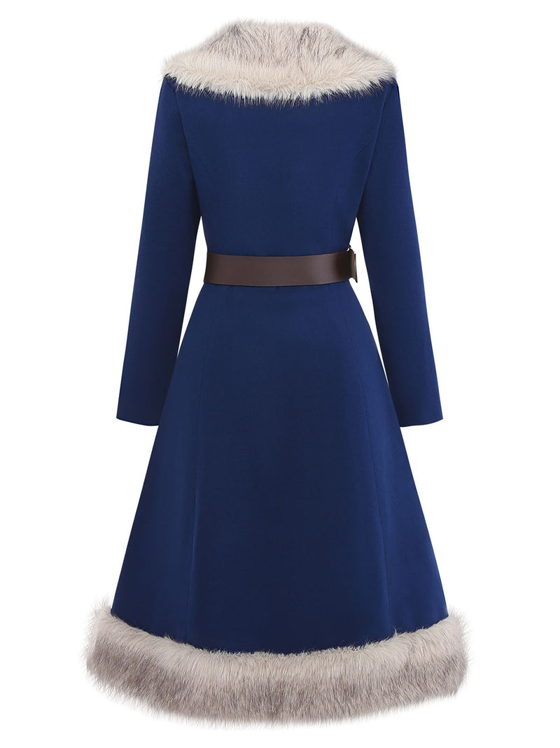 Blue 1960s Faux Fur-Lined Belted Coat | Retro Stage