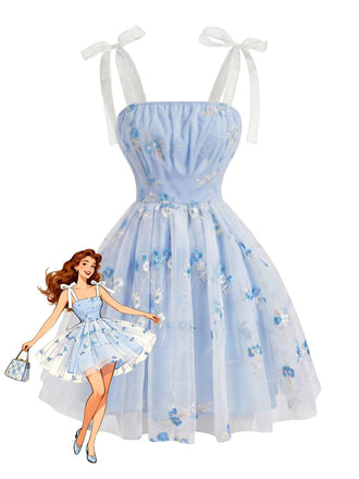 Blue 1960s Floral Embroidery Tulle Bow Spaghetti Strap Dress, vintage dress, retro fashion, floral print - perfect for women who love vintage and retro fashion