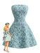Blue 1960s Floral Jacquard Strapless Back Bow Mini Dress - vintage dress, retro fashion, floral print for vintage lovers