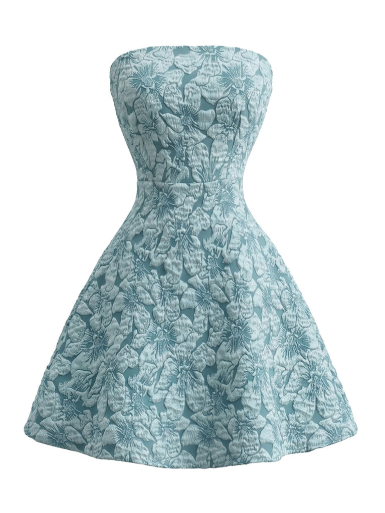 jacquard strapless mini dress Retro Stage Floral Jacquard Strapless Mini Dress with Back Bow 2026 Homecoming Dress Blue