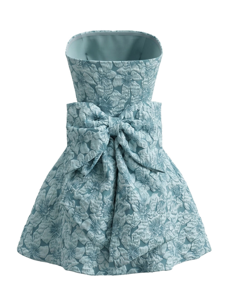 Retro Stage Floral Jacquard Strapless Mini Dress with Back Bow 2026 Homecoming Dress Blue