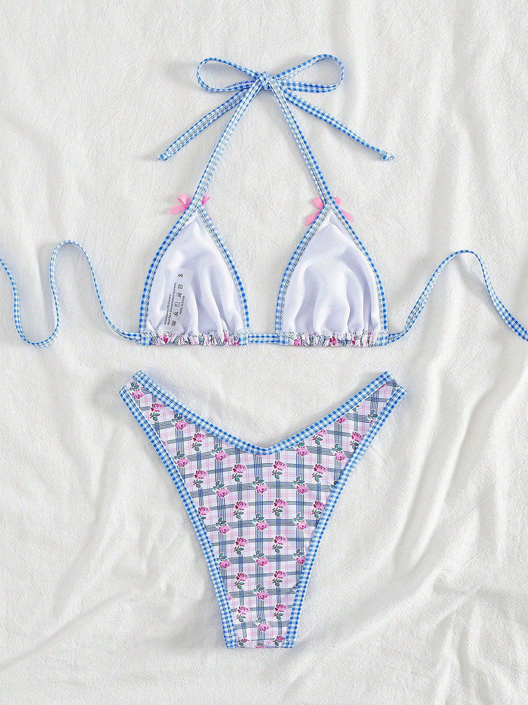 Blue 1960s Gingham Floral Bow Halter Triangle Bikini Set, vintage swimsuit, pin-up swimwear - perfect for women who love vintage and retro fashion