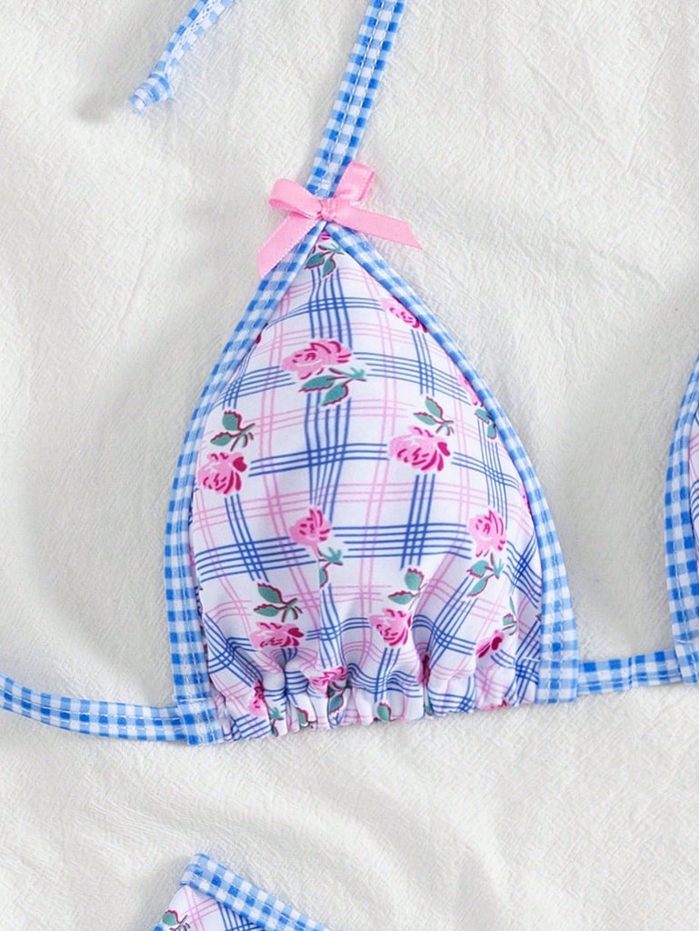 Blue 1960s Gingham Floral Bow Halter Triangle Bikini Set, vintage swimsuit, pin-up swimwear - perfect for women who love vintage and retro fashion