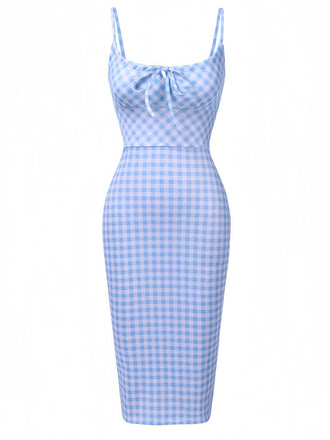 She slips into this Blue 1960s Gingham Plaid Straps Pencil Dress and suddenly it's a 1960s daydream