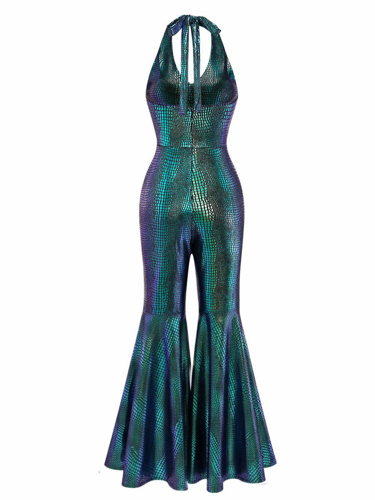 Metallic green and blue jumpsuit on a white background