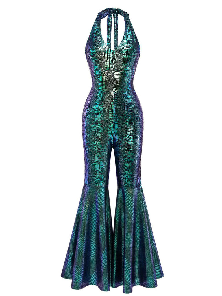 Metallic green and blue jumpsuit on a white background