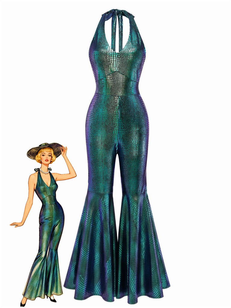 Metallic green and blue jumpsuit with a model illustration on a white background