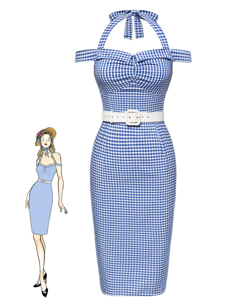She slips into this Blue 1960s Halter Off-Shoulder Plaid Pencil Dress and suddenly it's a 1960s daydream