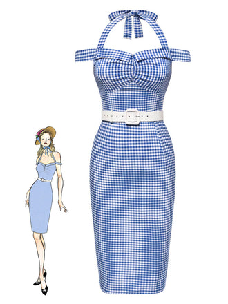 She slips into this Blue 1960s Halter Off-Shoulder Plaid Pencil Dress and suddenly it's a 1960s daydream