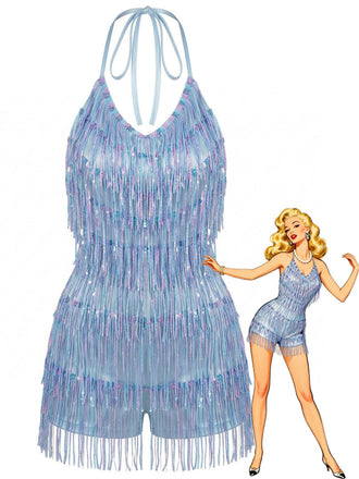 Blue 1960s Tassel Spaghetti Strap Sequin Romper