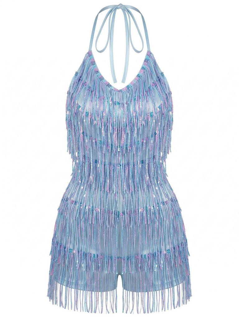 Blue 1960s Halter Sequins Tassel Romper - vintage romper, retro jumpsuit for vintage lovers