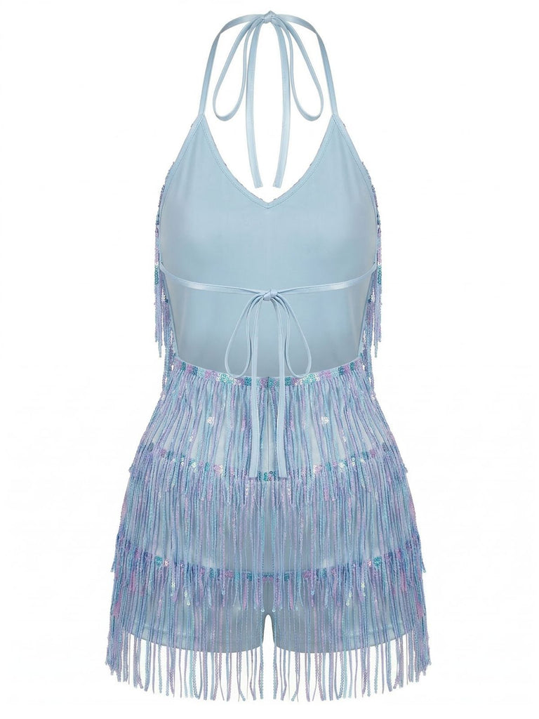 Blue 1960s Halter Sequins Tassel Romper - vintage romper, retro jumpsuit for vintage lovers